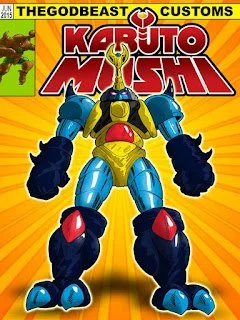 A colorful manga-style robot with blue limbs, a yellow torso, and red accents, standing on a yellow background with the text 'KARUTO MUSHI' above it.