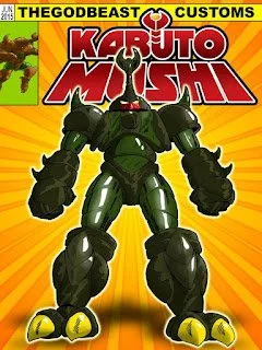 Karuto Mushi toy robot with black and green armor, red crest, and large fists, set against a yellow and green background with text.