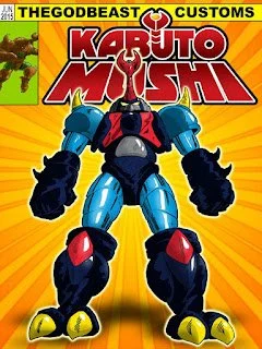 A colorful cartoon robot with a dark blue and red body, yellow accents, and large fists, standing in front of a bright yellow background with comic-style lines. The top features green and yellow banners with TheGodBeast Customs and a logo, and the te