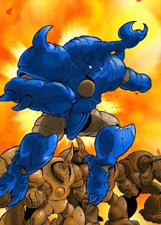 A large blue robot with a muscular build, standing over smaller brown robots with a fiery background.