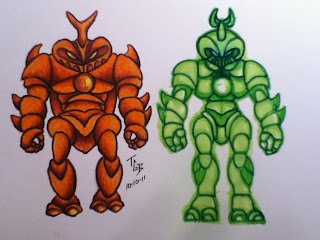 Drawing of two cartoon monster characters, one orange and one green, with muscular bodies and horns.