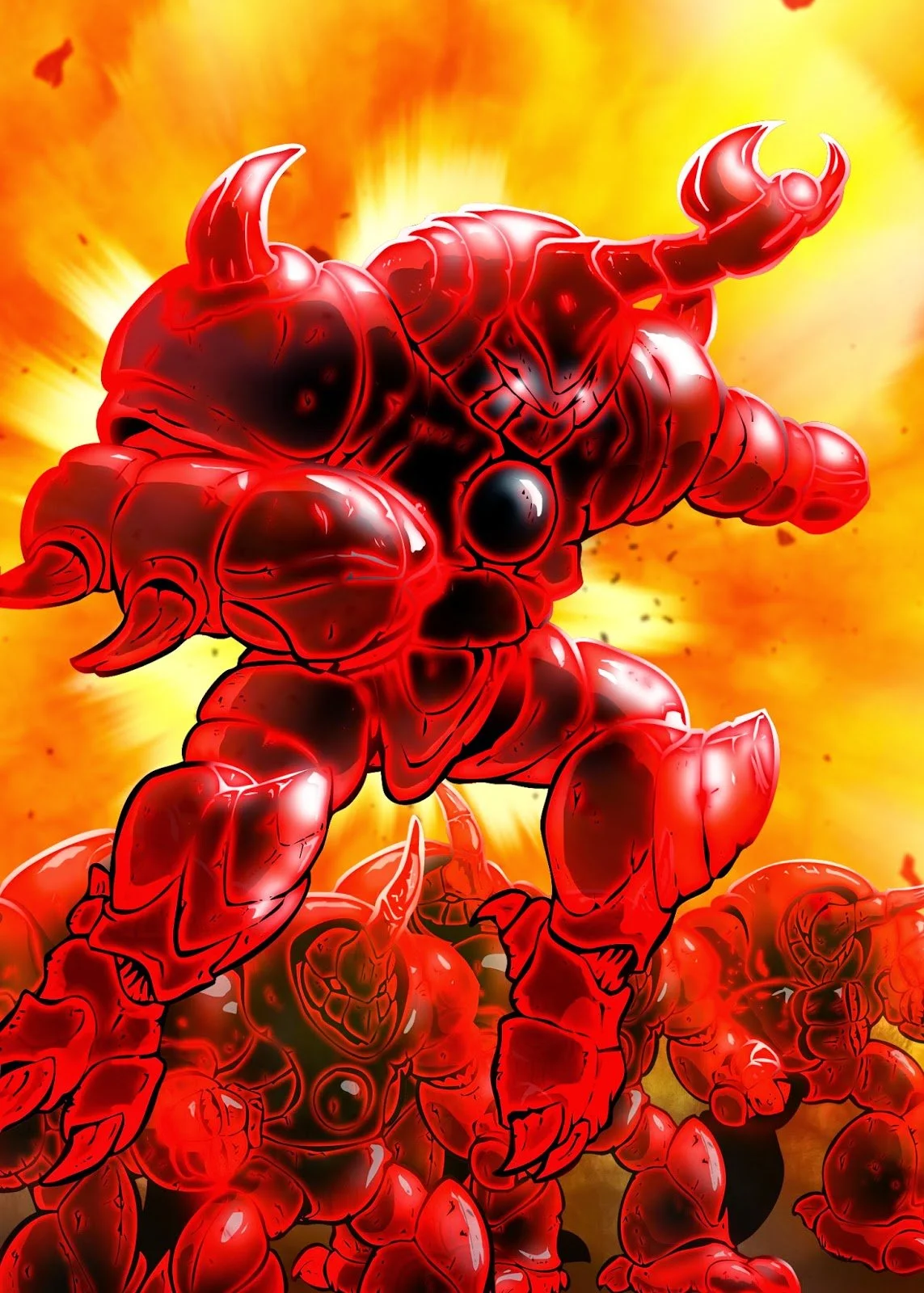 A digital illustration of a red, armored, insect-like creature with horns, charging forward against a fiery, yellow-orange background, surrounded by other similar creatures.