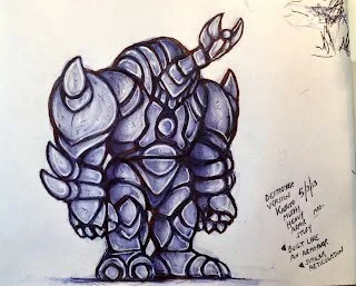 Drawing of a chibi-style armored rhinoceros with horns, spikes, and a tail, colored in shades of gray and black, with a signature and notes in the bottom right corner.