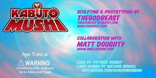 KABUTO MUSH sculpture and prototyping credits with warning about choking hazard for ages 15 and up, including contributors THEGODBEAST and MATT DOUGHTY, and collaboration with artist MATT DOUGHTY.