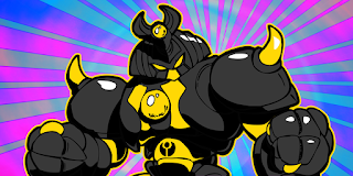 Cartoon illustration of a large, black armored robot with yellow accents, horns, and an eye symbol on its chest holding a small yellow bear that has a similar eye symbol.