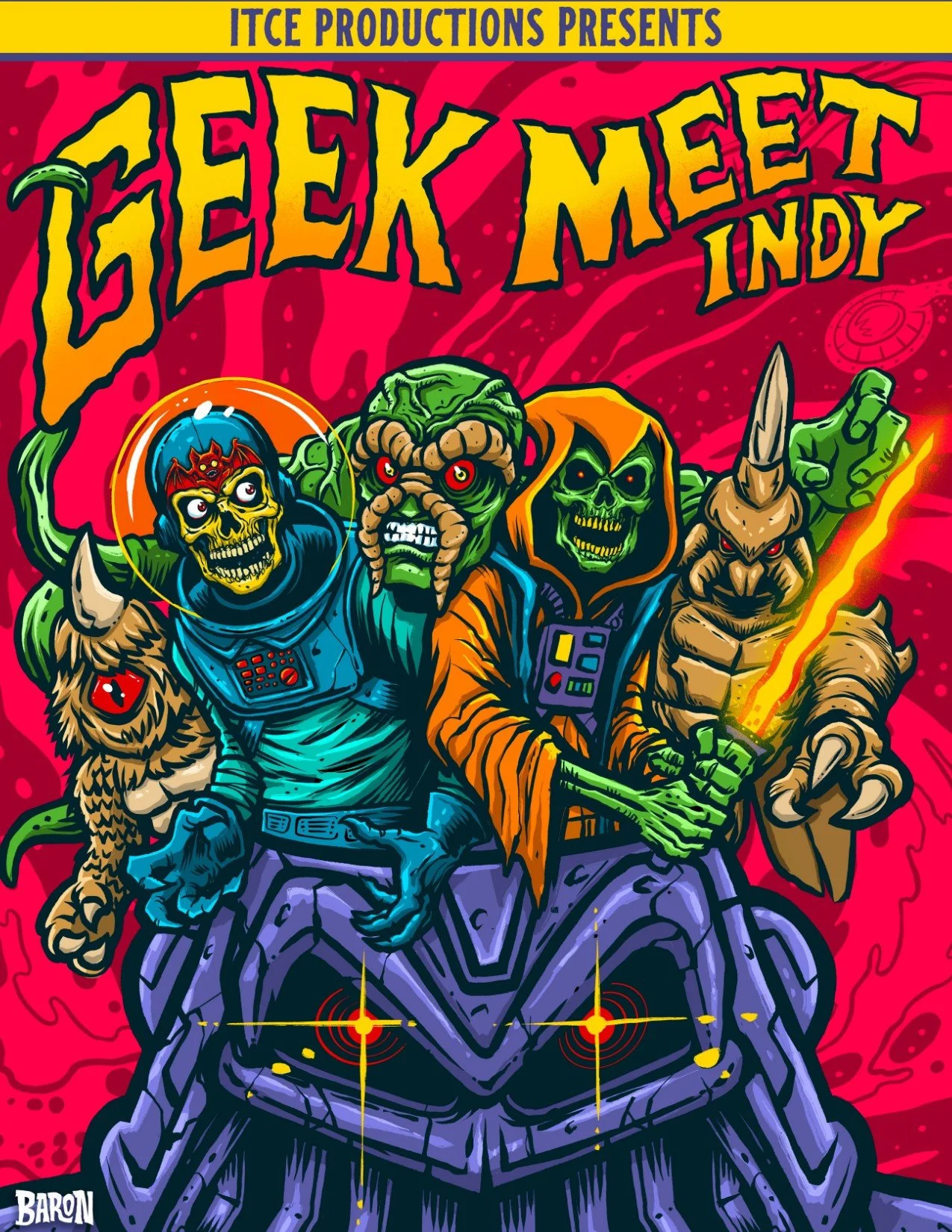 Colorful poster for Geek Meet in Indiana showing four sci-fi characters sitting on a spaceship with a red and black background