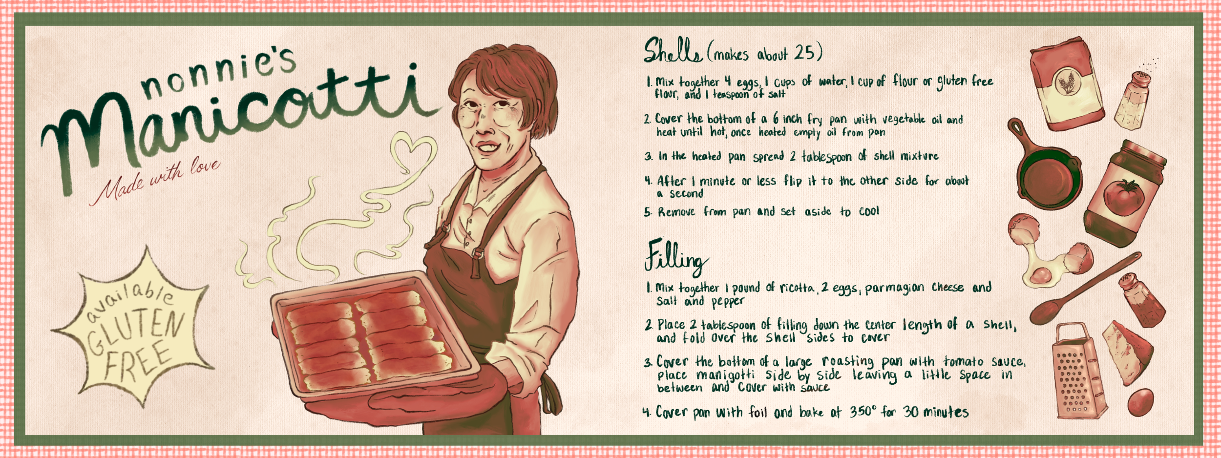 Recipe Card - Nonnie's Manicotti | Procreate | 16.667" x 6.25"