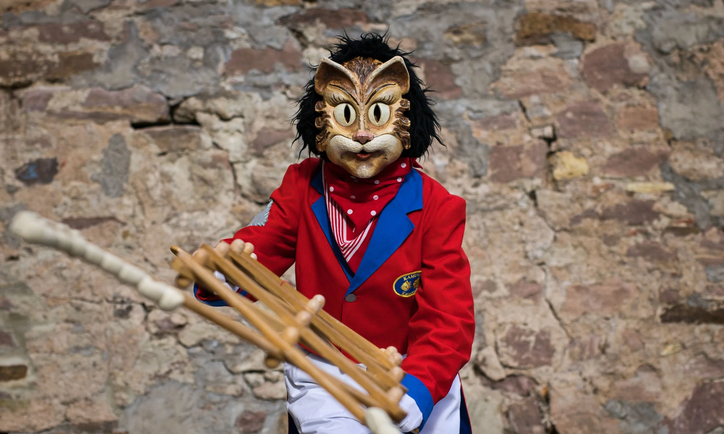 Fasnetfigur mit Katzenmaske beim Musizieren in Villingen