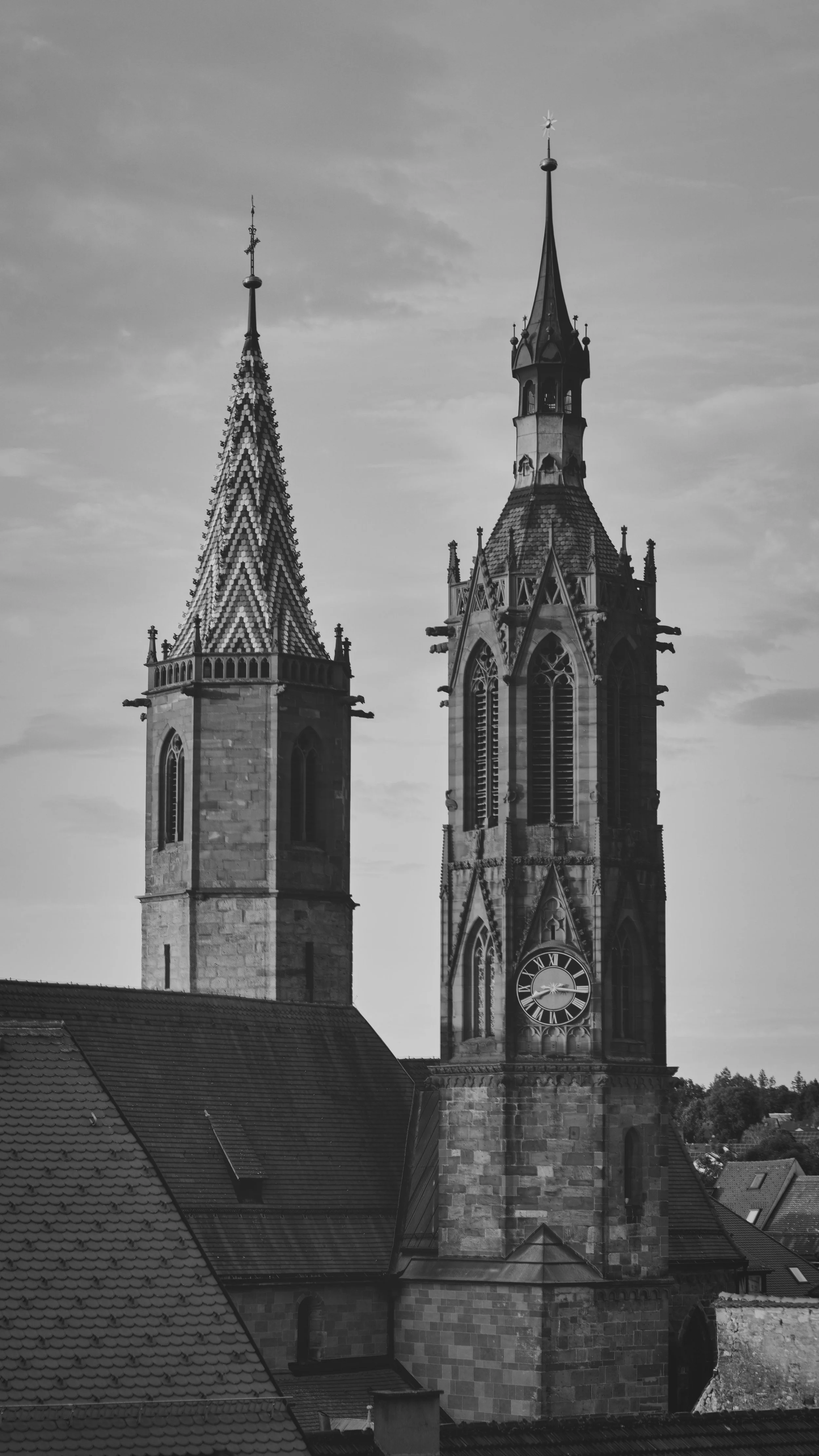 Schwarz-Weiß-Aufnahme historischer Kirchtürme