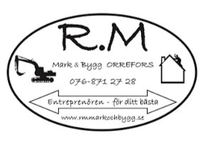Logotyp för R.M, Mark & Buggrorrefors, med kontaktuppgifter och webbplats www.rumarkochbygg.se.