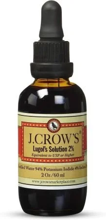 J.CROW'S Lugol's Solution 2% bottle with ingredient label, 2 oz / 60 ml