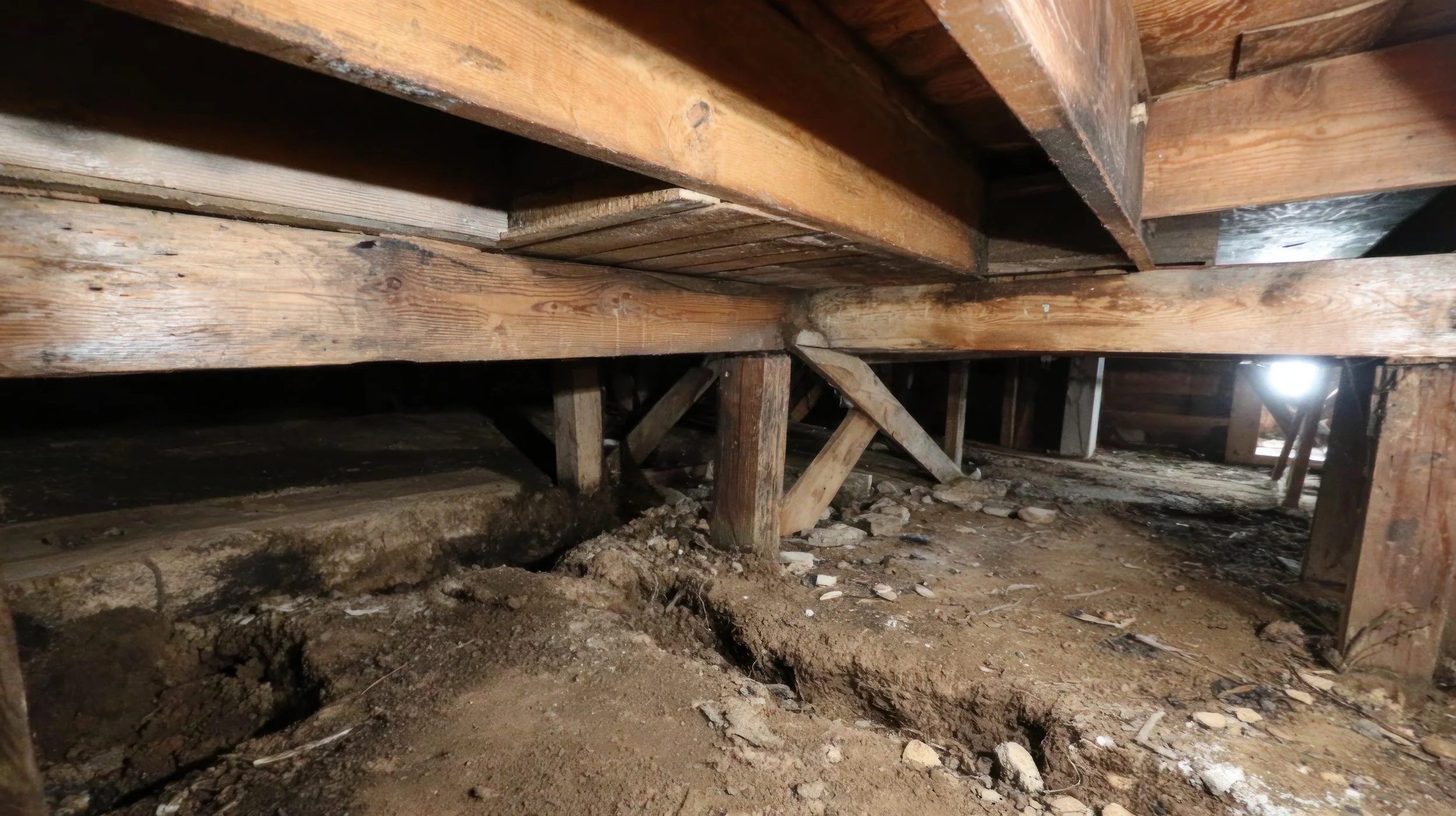 View of the underside of a wooden building or home showing beams, supports, and dirt floor with debris and rocks. basement systems maine bone dry basement turner maine 