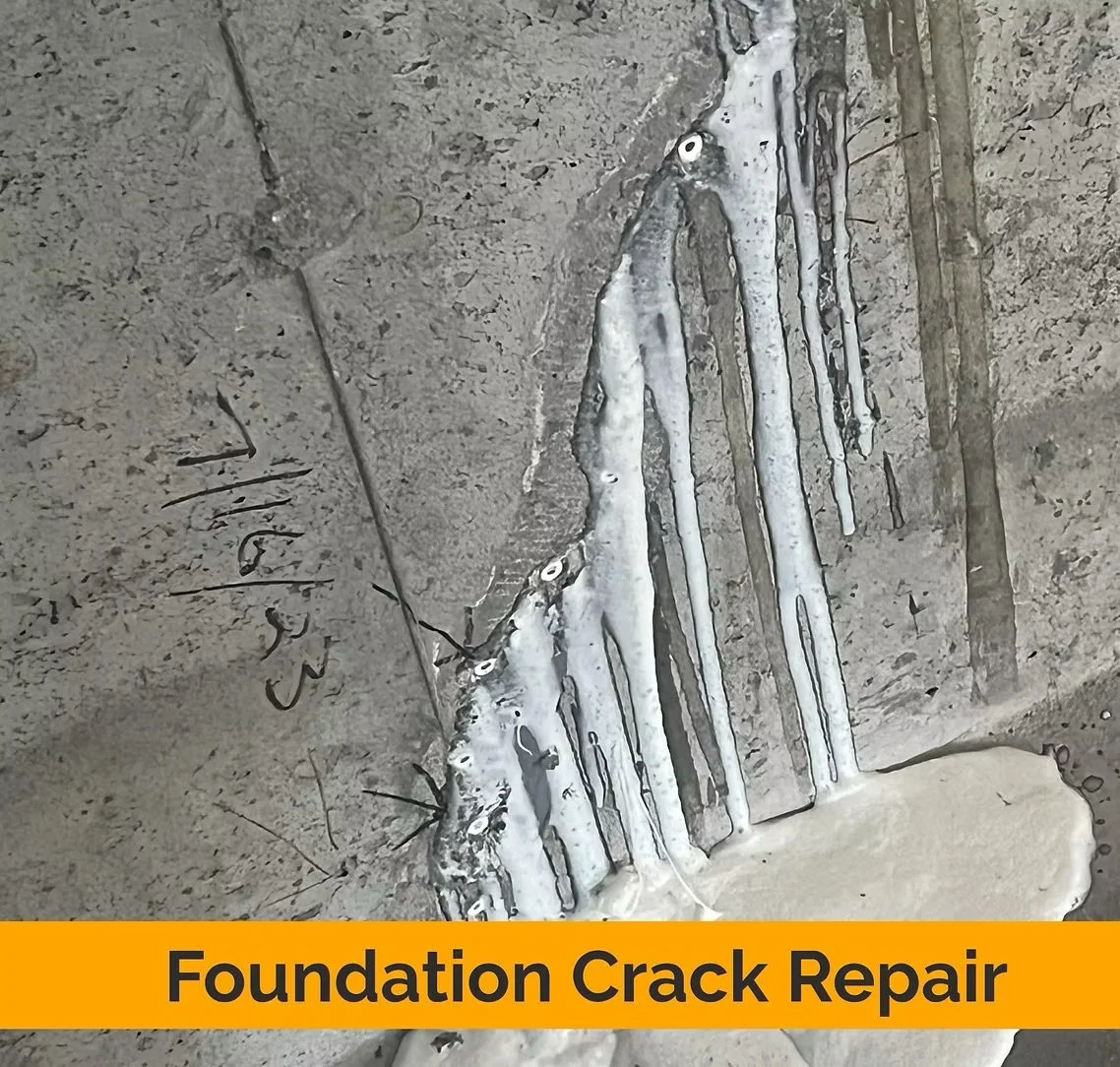 Close-up of a crack in a concrete foundation repaired with foam sealant, with a yellow banner at the bottom reading "Foundation Crack Repair." basement systems maine bone dry basement turner maine