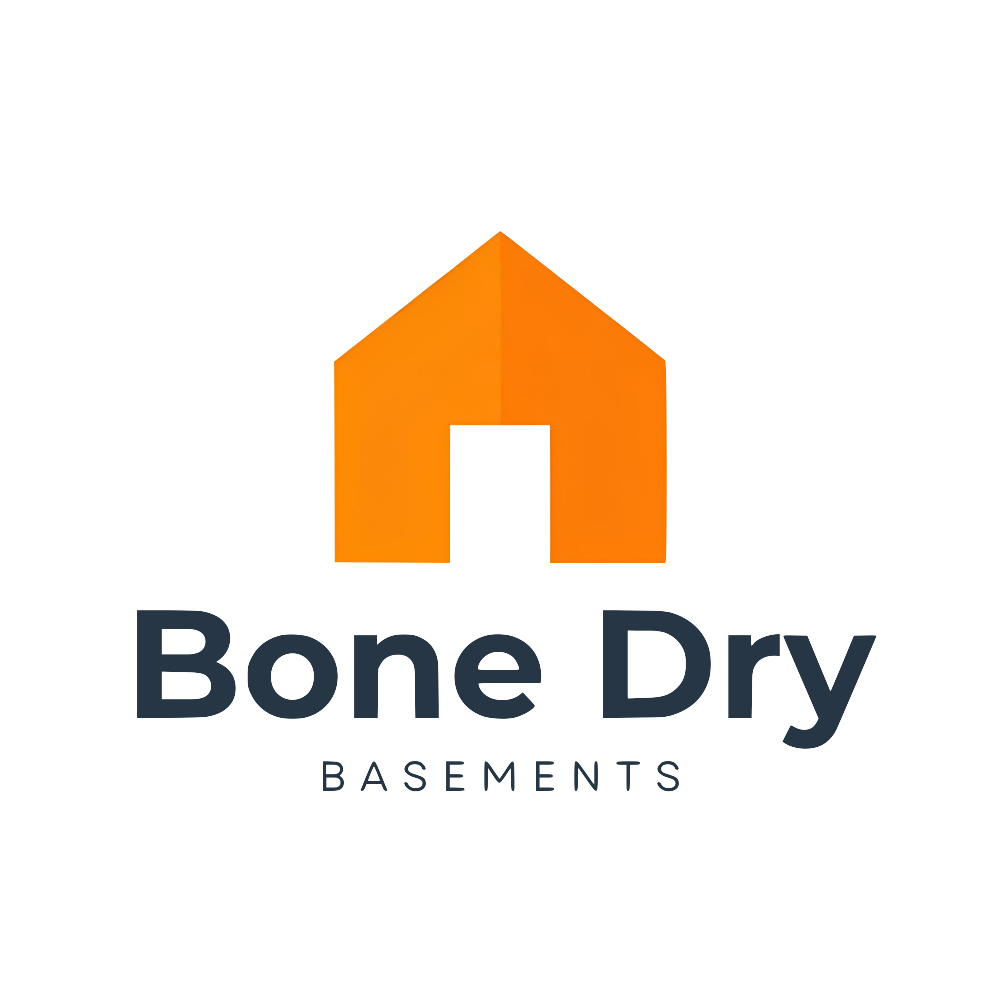 Logo for Bone Dry Basements featuring an orange stylized house icon and the text "Bone Dry Basements" in blue. basement systems maine bone dry basement turner maine