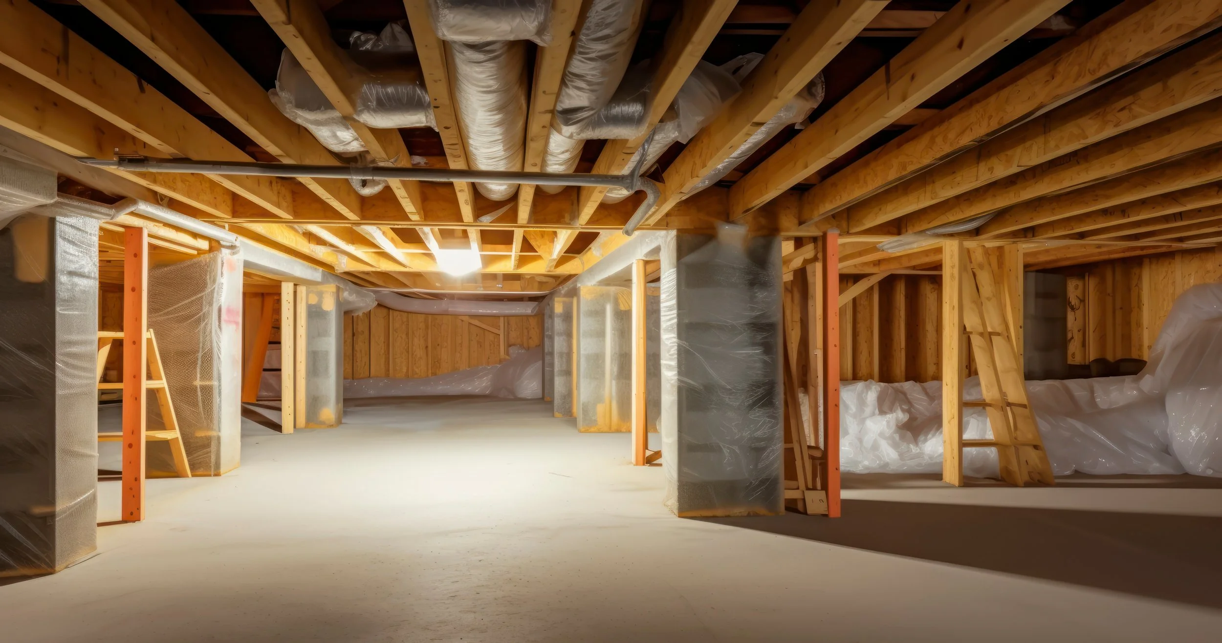 Interior of an unfinished building with exposed wooden framing, ductwork, and insulation covered with plastic wrap, illuminated by a ceiling light. basement systems maine bone dry basement turner maine 