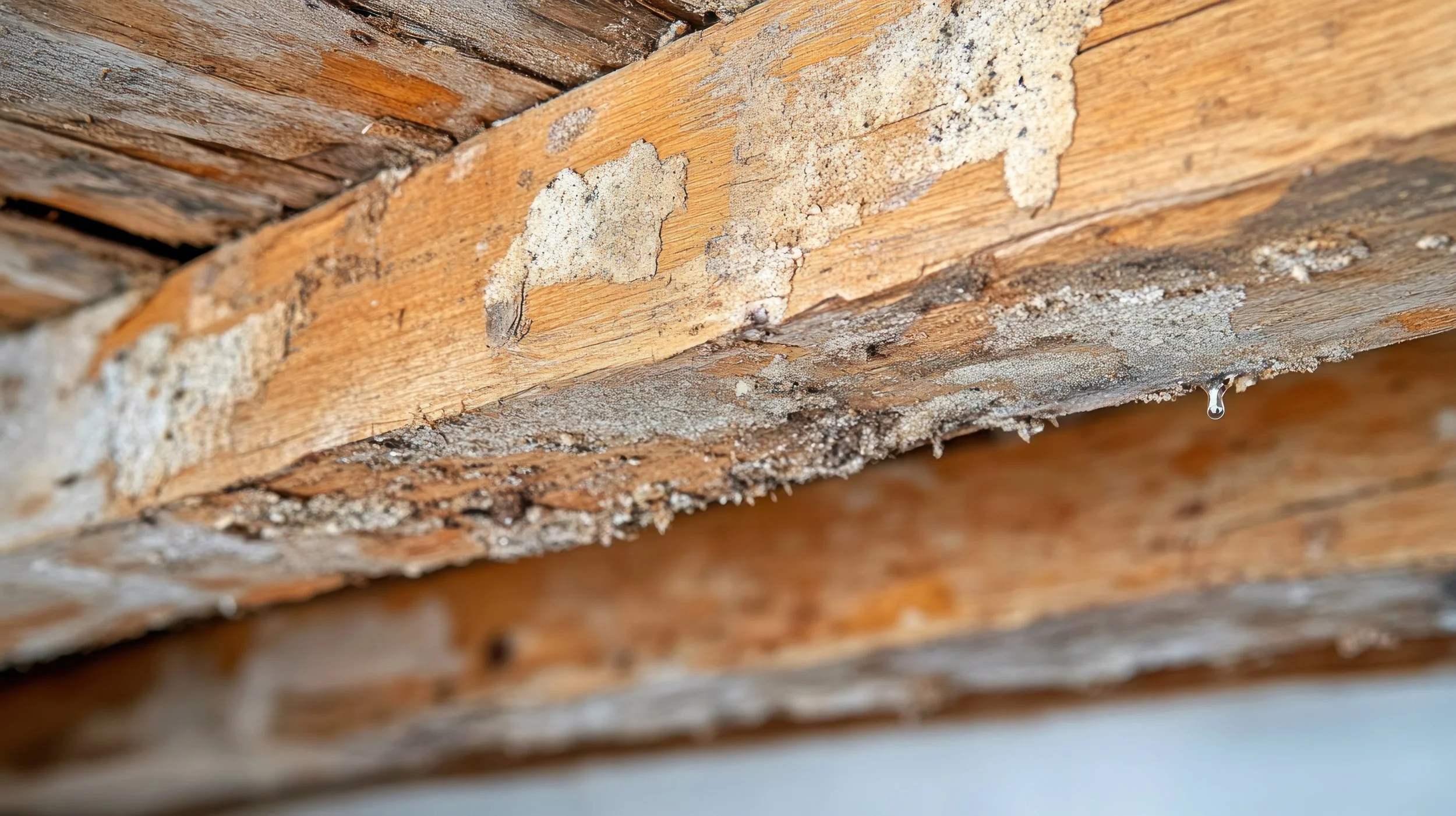 Close-up of a wooden surface with peeling paint, dirt, and mold growth, along with a water droplet hanging from the edge. basement systems maine bone dry basement turner maine 