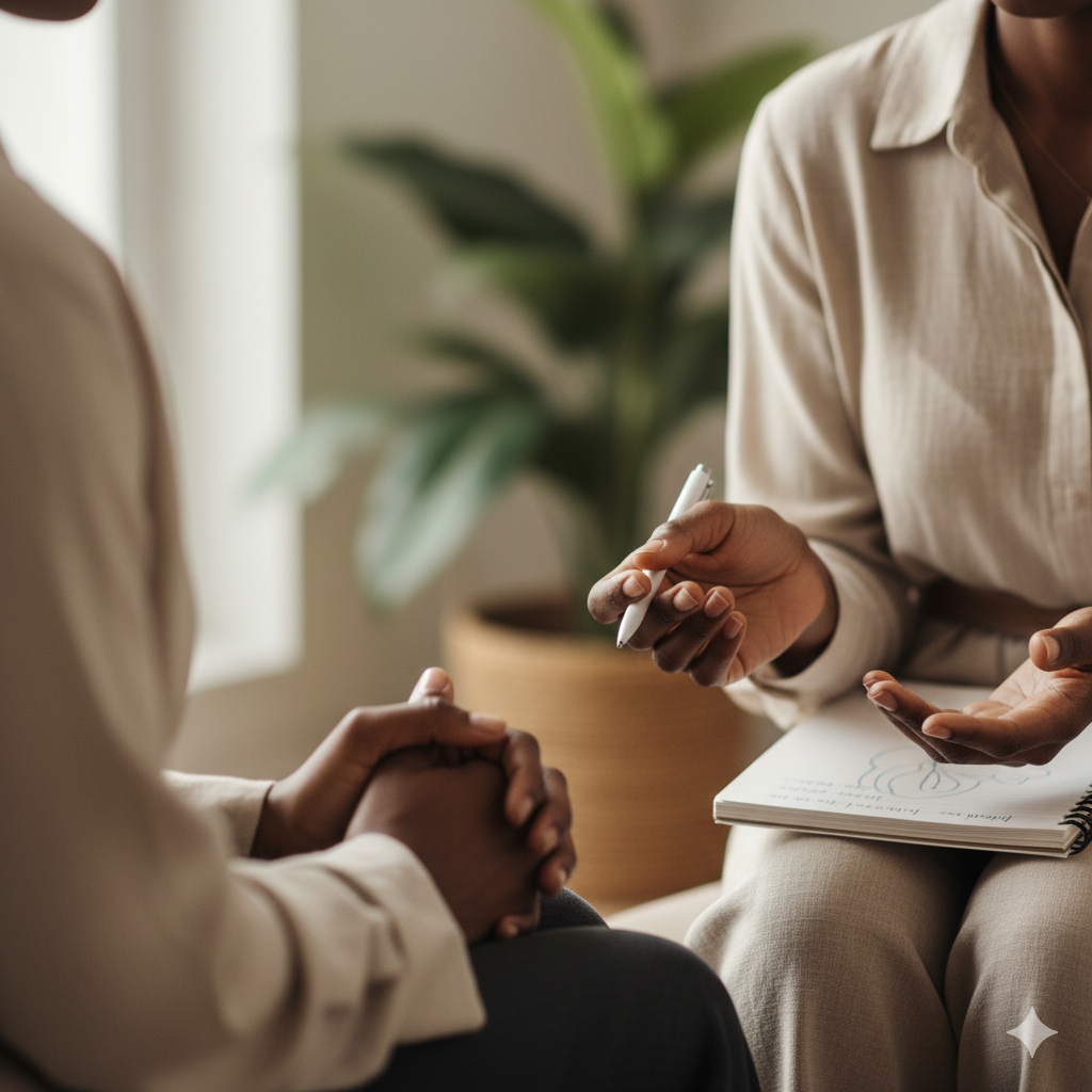 Two people engaged in a counseling session, one person taking notes, in a room with a potted plant in the background.