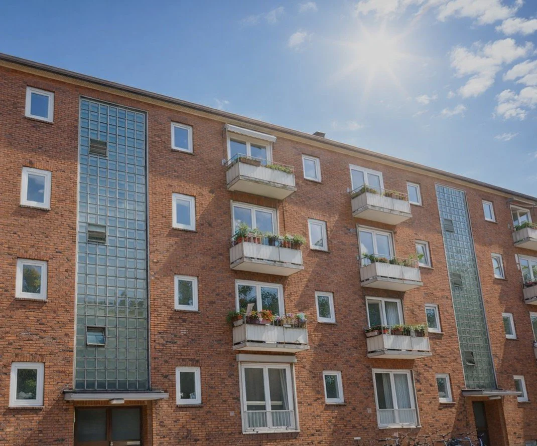 Ein mehrstöckiges Wohnhaus mit mehreren Balkonpflanzen, rotem Backsteinmauer, mehrere Fenster und eine klare Himmelslandschaft mit wenigen Wolken.