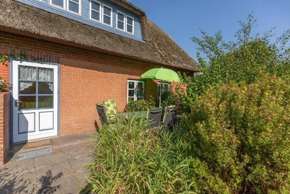 Blick auf die Terrasse eines Hauses mit blauer Tür, Gartenmöbeln, einem grünen Sonnenschirm und umgeben von Büschen und Pflanzen bei sonnigem Himmel.