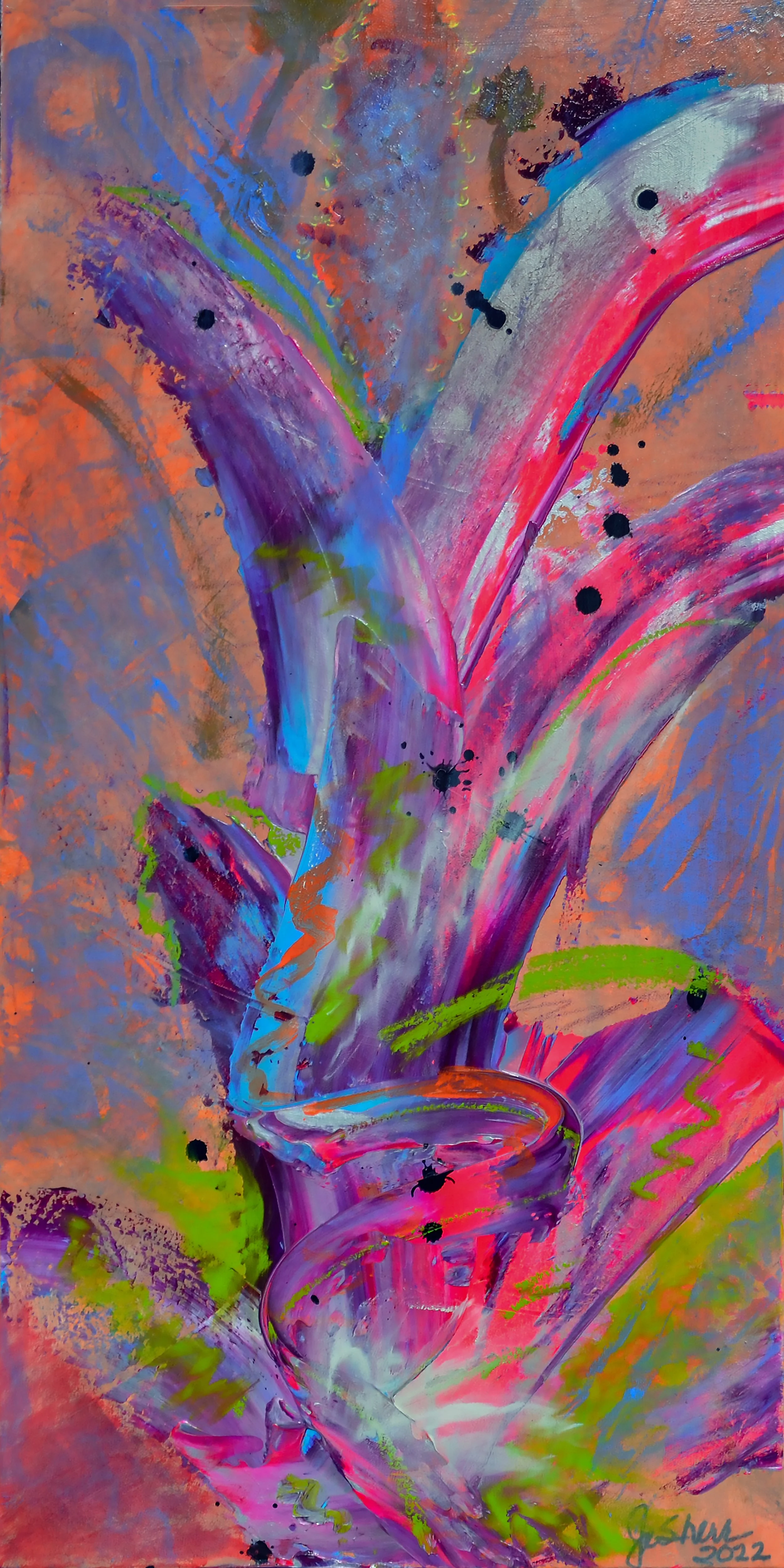 Abstract painting of a vibrant plant with shades of purple, pink, blue, and green, in a glass vase against a pink and orange background.