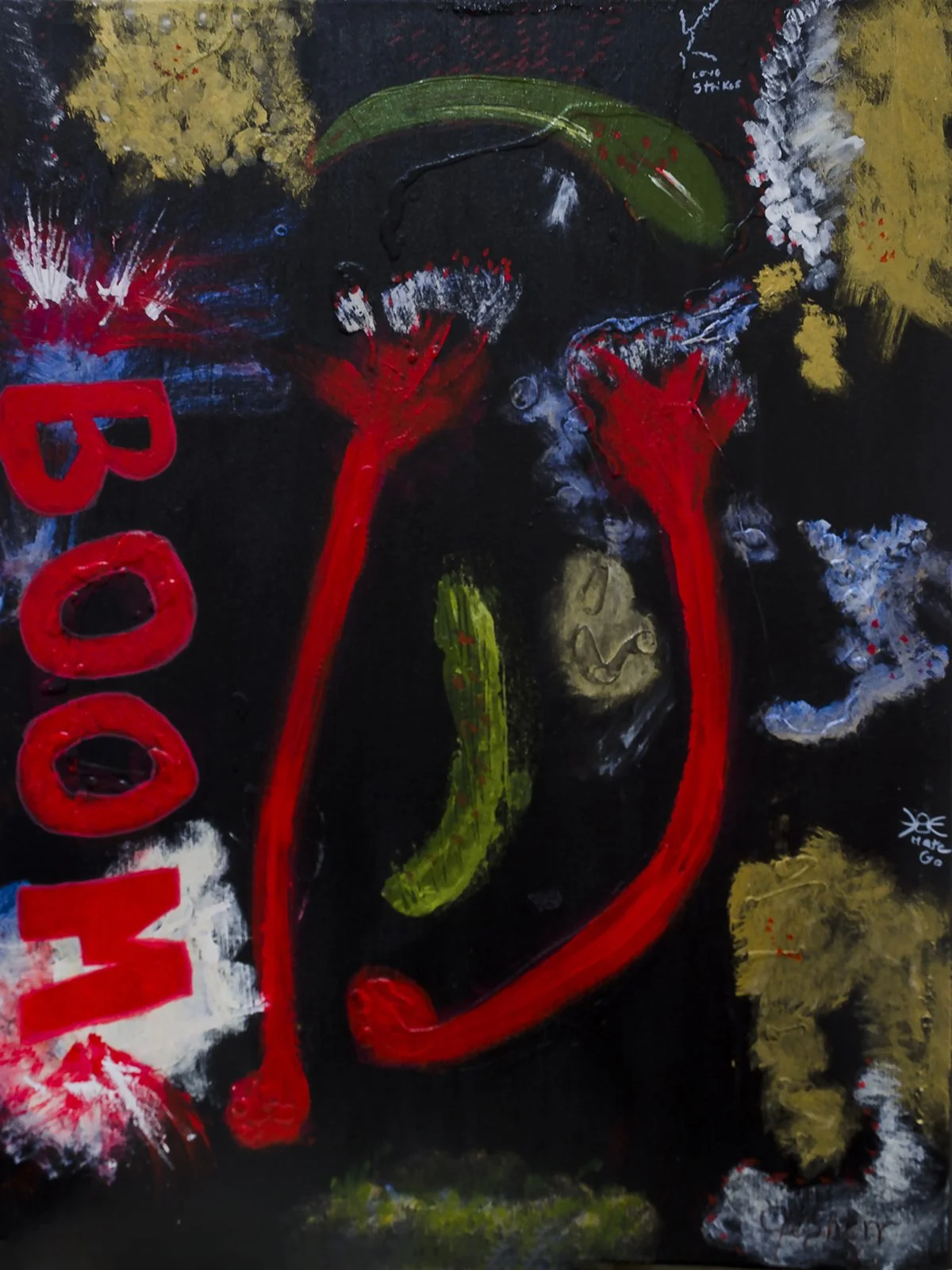 Abstract painting with red, green, gold, white, blue colors, and text 'POOP' on the left side.