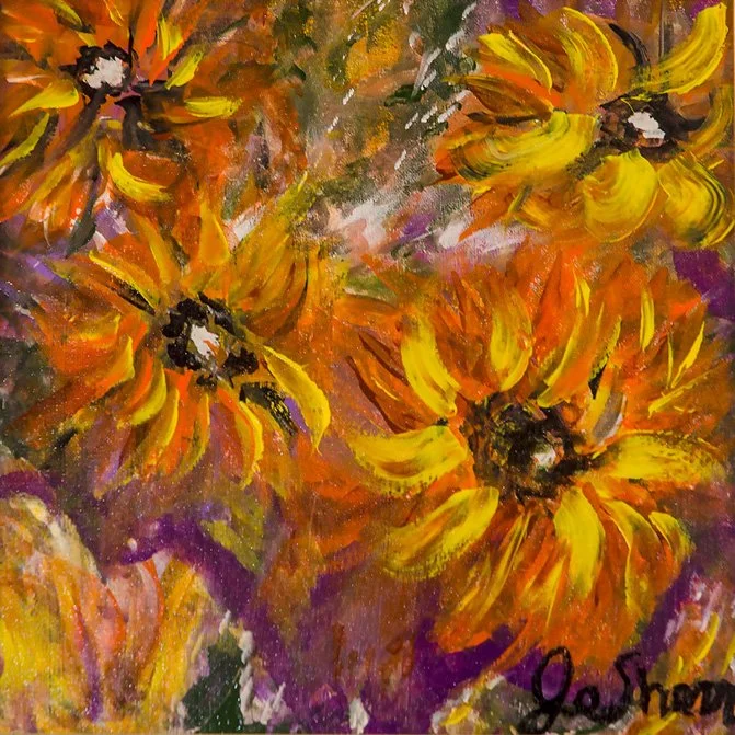 Colorful abstract painting of yellow and orange flowers with dark centers, surrounded by purple and green background.