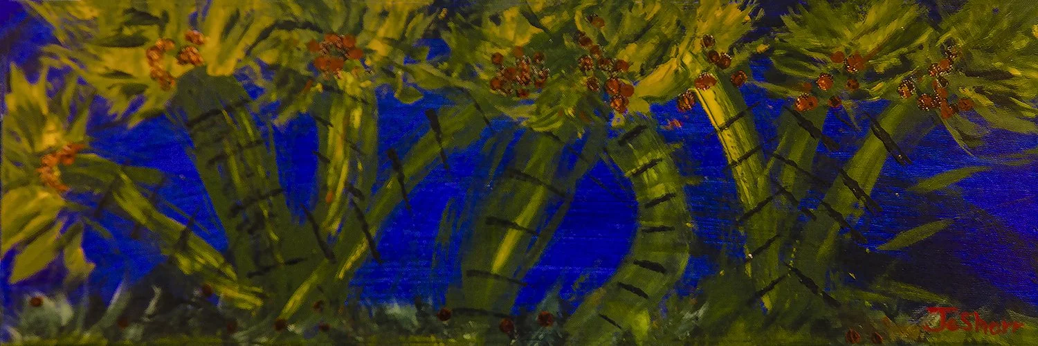 Abstract painting with green curved lines, red dots, and blue background.