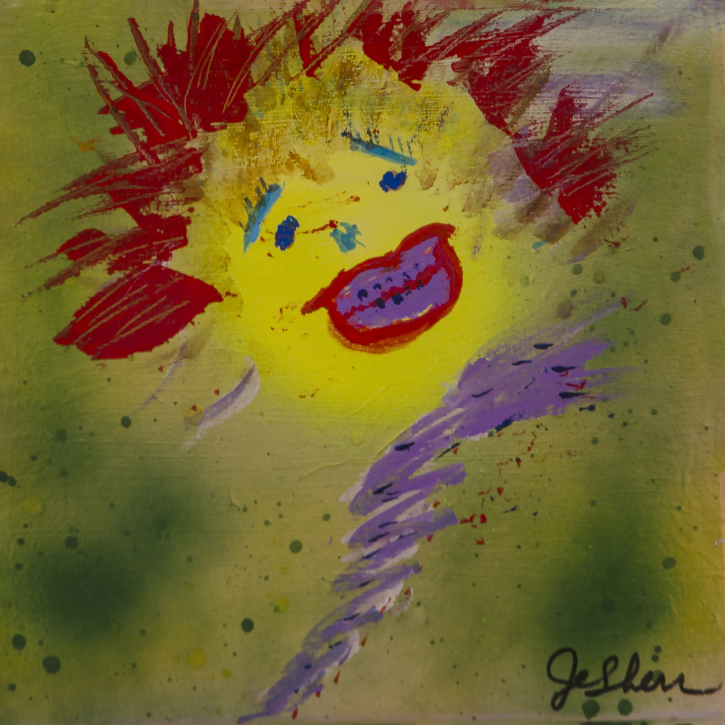 Colorful abstract painting of a smiling face with red and purple hair and blue eyes against a green background.