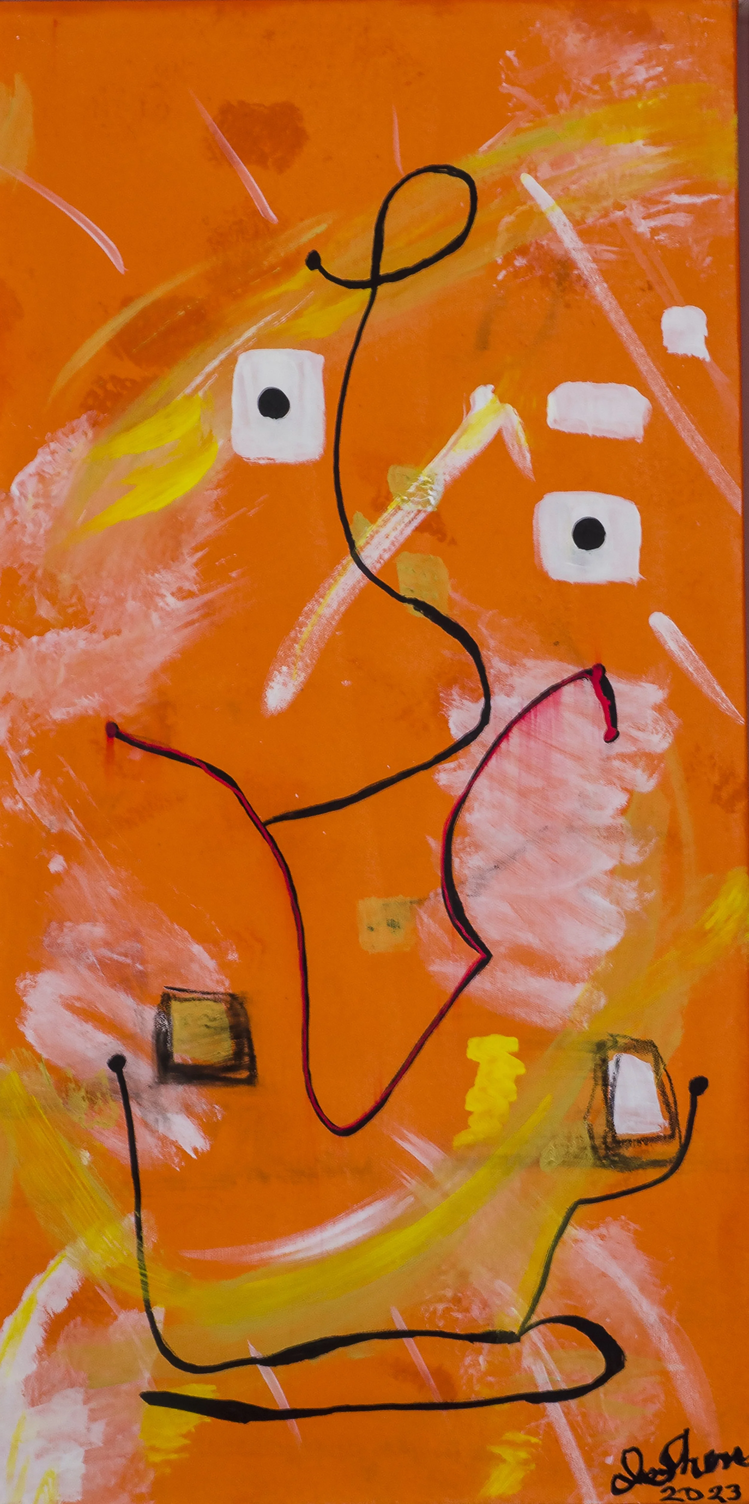 Abstract painting with orange background, white and black squares, yellow and white strokes, black and red line drawing of a face, and signature 'Olga Gurn 2023'.