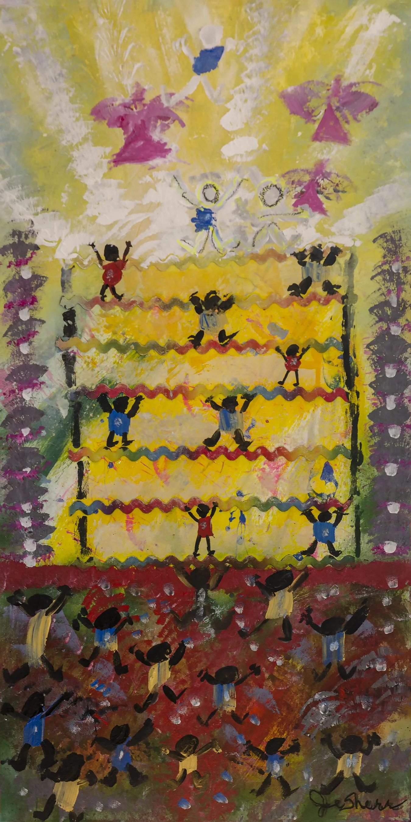 Children playing on a colorful playground with a slide, surrounded by trees and a vibrant background.