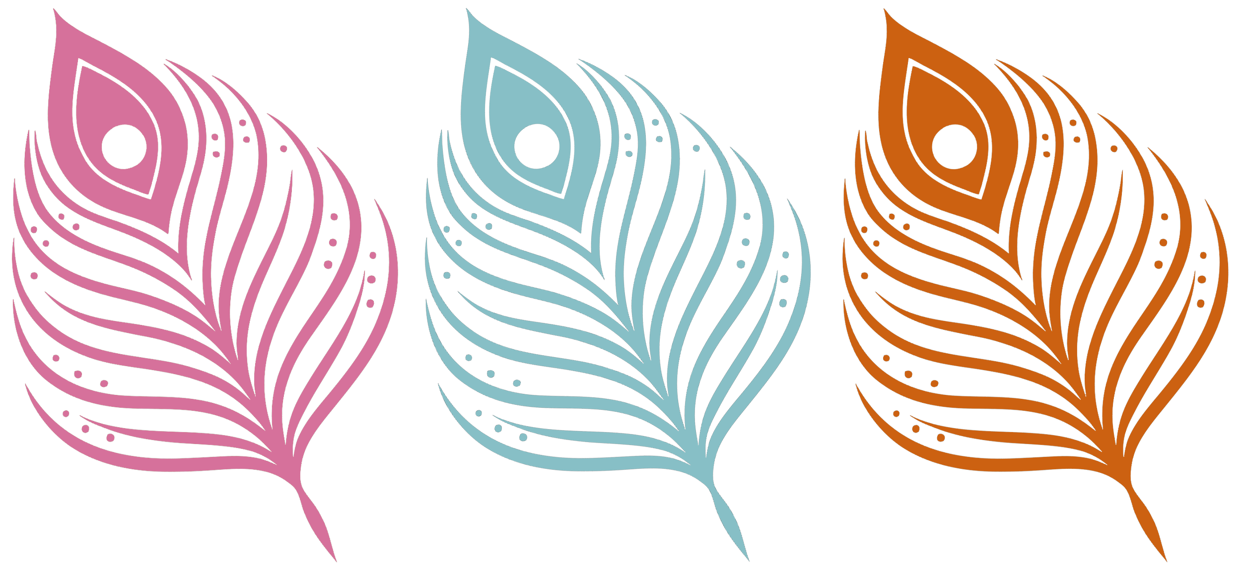 Three stylized peacock feathers in pink, blue, and orange against a black background.