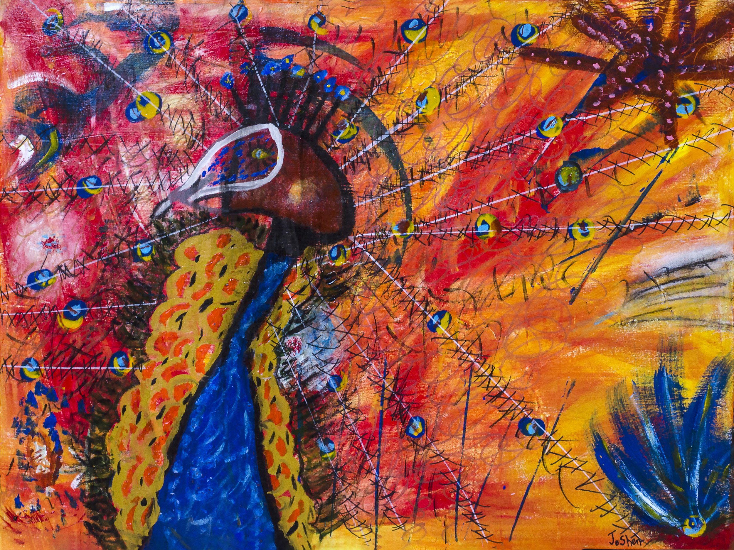 Abstract painting featuring a peacock with a vibrant multicolored background of oranges, reds, yellows, and blues. The peacock has a blue body, a large brown and blue head, and a crest with black lines. Its tail is yellow with orange spots, and it ha