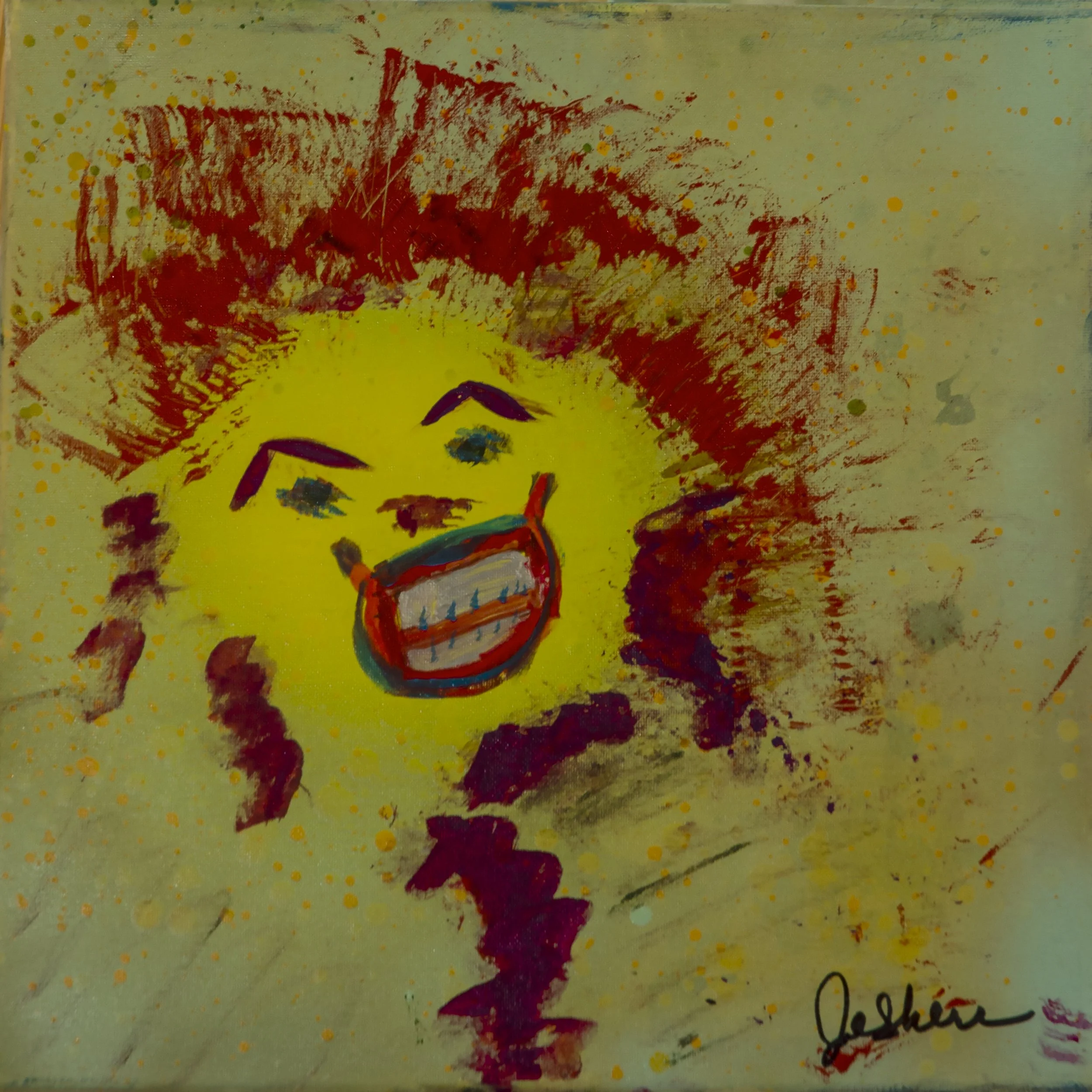 An abstract, colorful painting of a smiling face with bright yellow skin, purple eyebrows, blue eyes, and a large, open-wrapped mouth showing teeth. The hair is depicted with bold strokes of red, orange, and brown. The background features splashes of