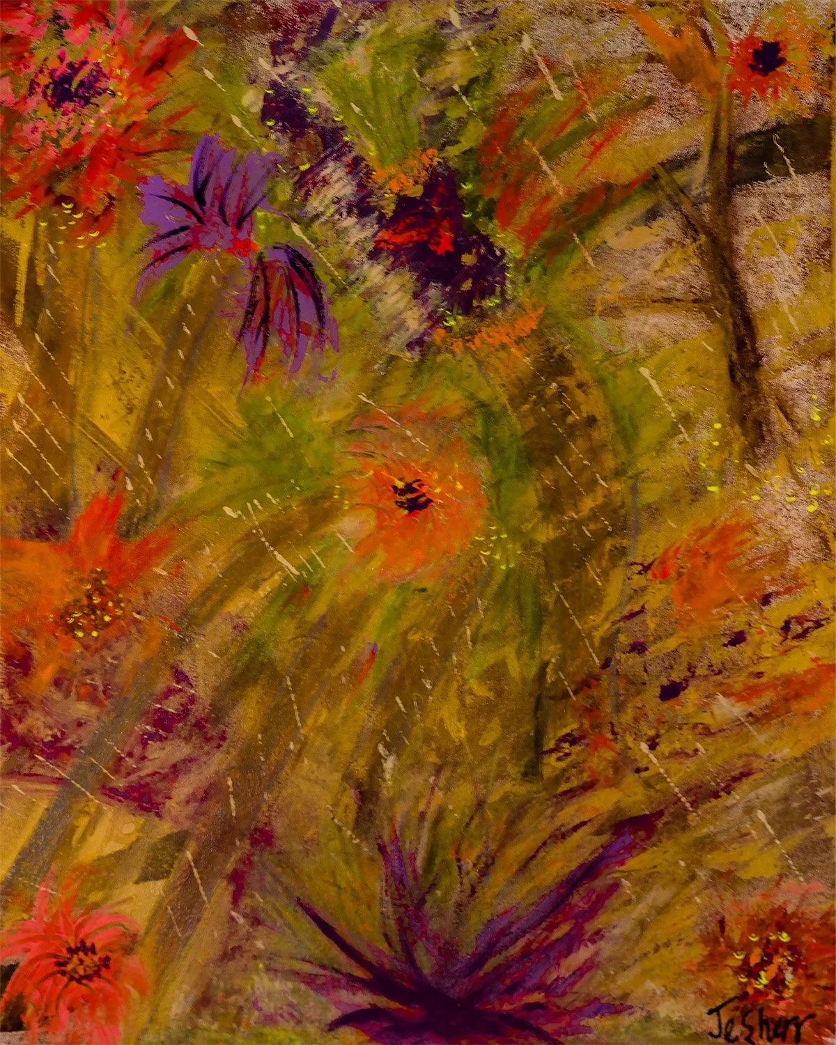 Abstract painting of flowers and foliage with warm tones of orange, yellow, green, purple, and brown.