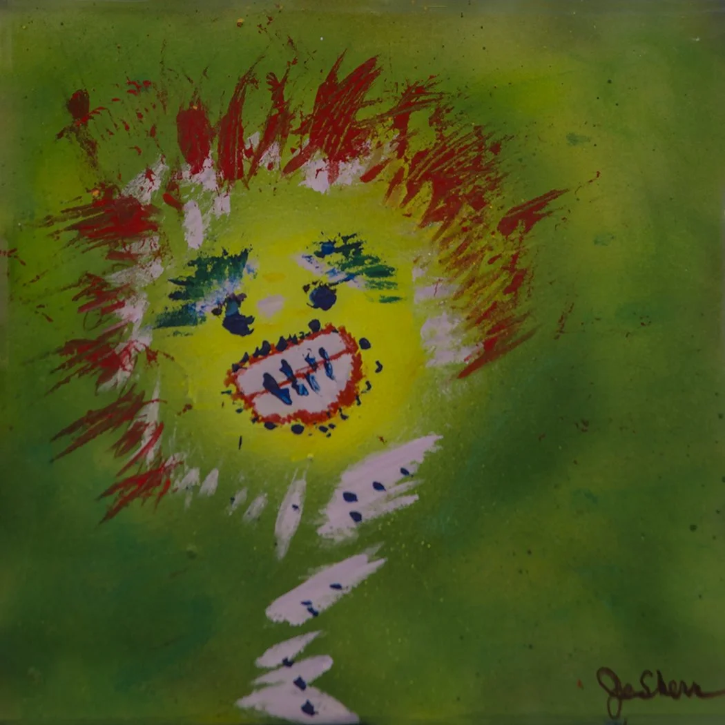 Colorful childlike drawing of a smiling face with green eyes, red hair, and an open mouth, on a green background.