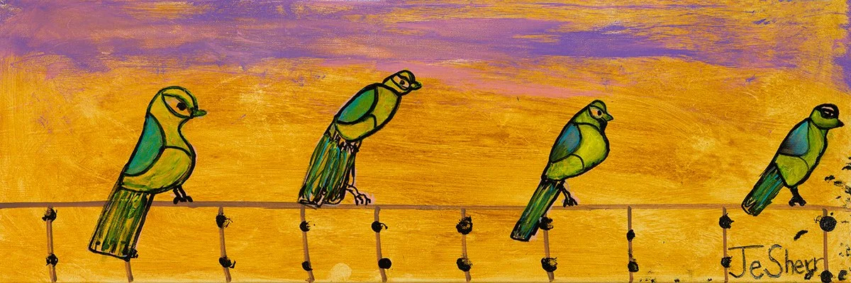 Colorful artwork showing four abstract birds perched on a wire against a vibrant sunset background.