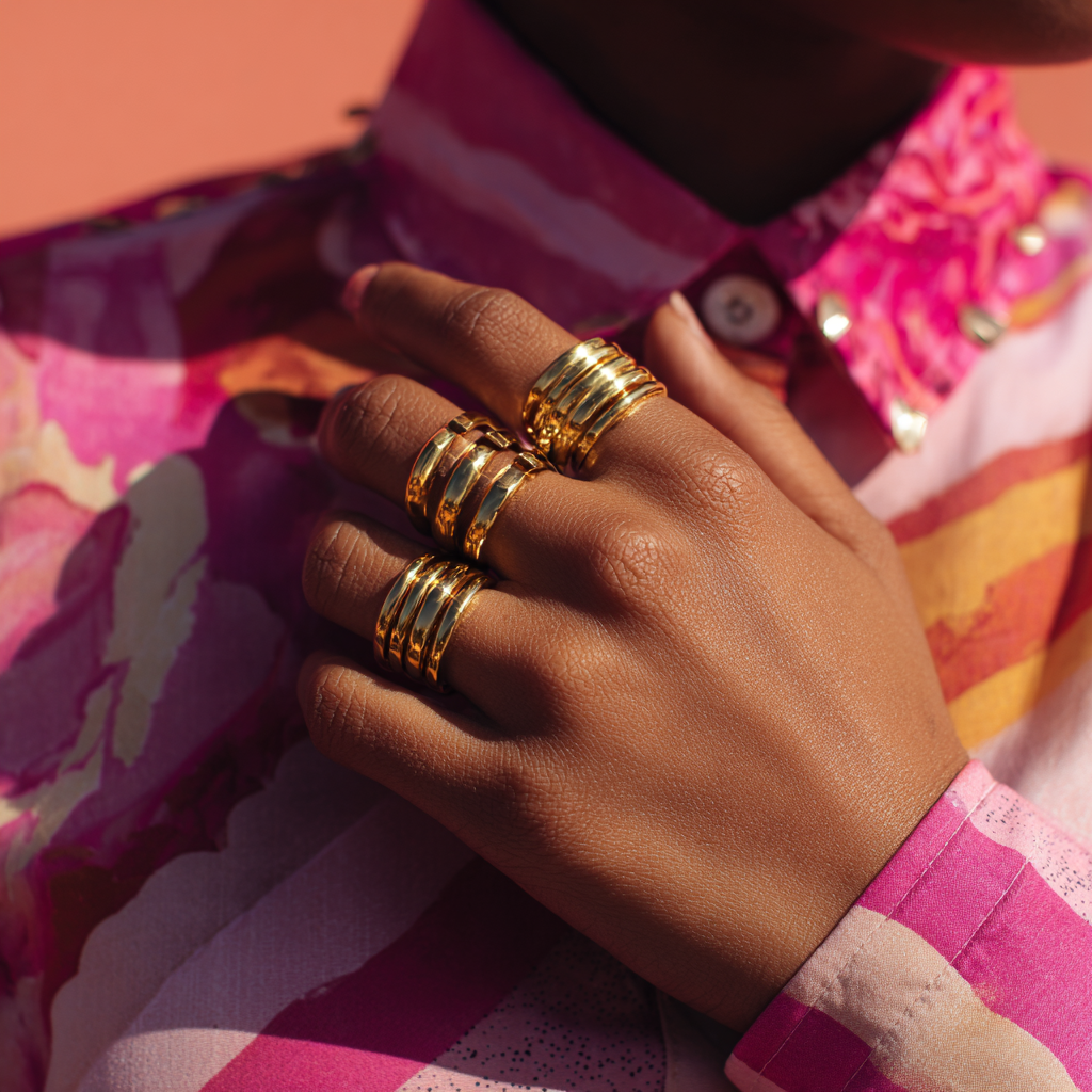 a woman's hand displayed with several bold statement rings in gold.