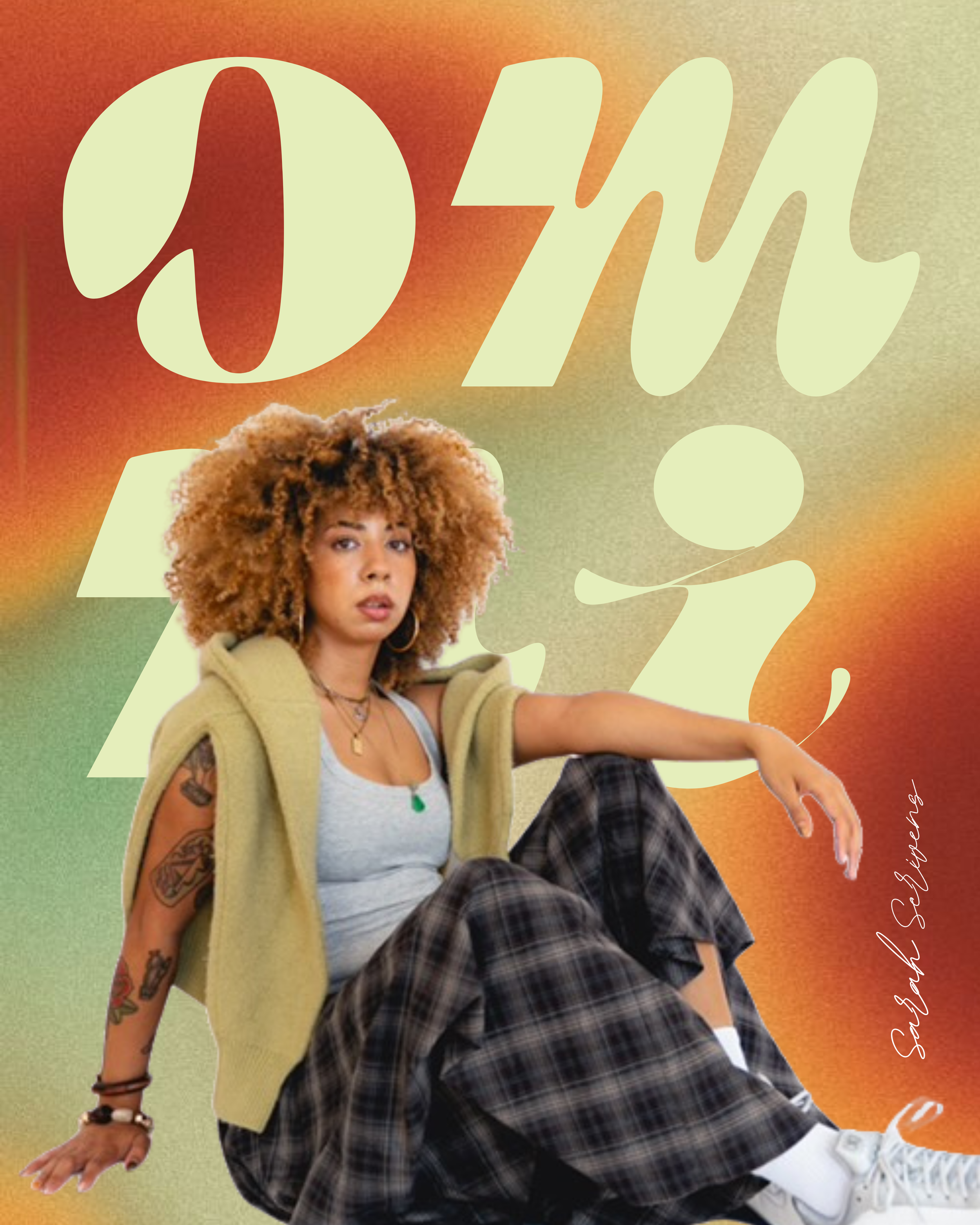 A woman with curly hair, tattoos, and jewelry sitting against a colorful gradient background with large, stylized text that reads 'Do It'. The text includes the phrase 'Soar Subwers' written in script on the right side.