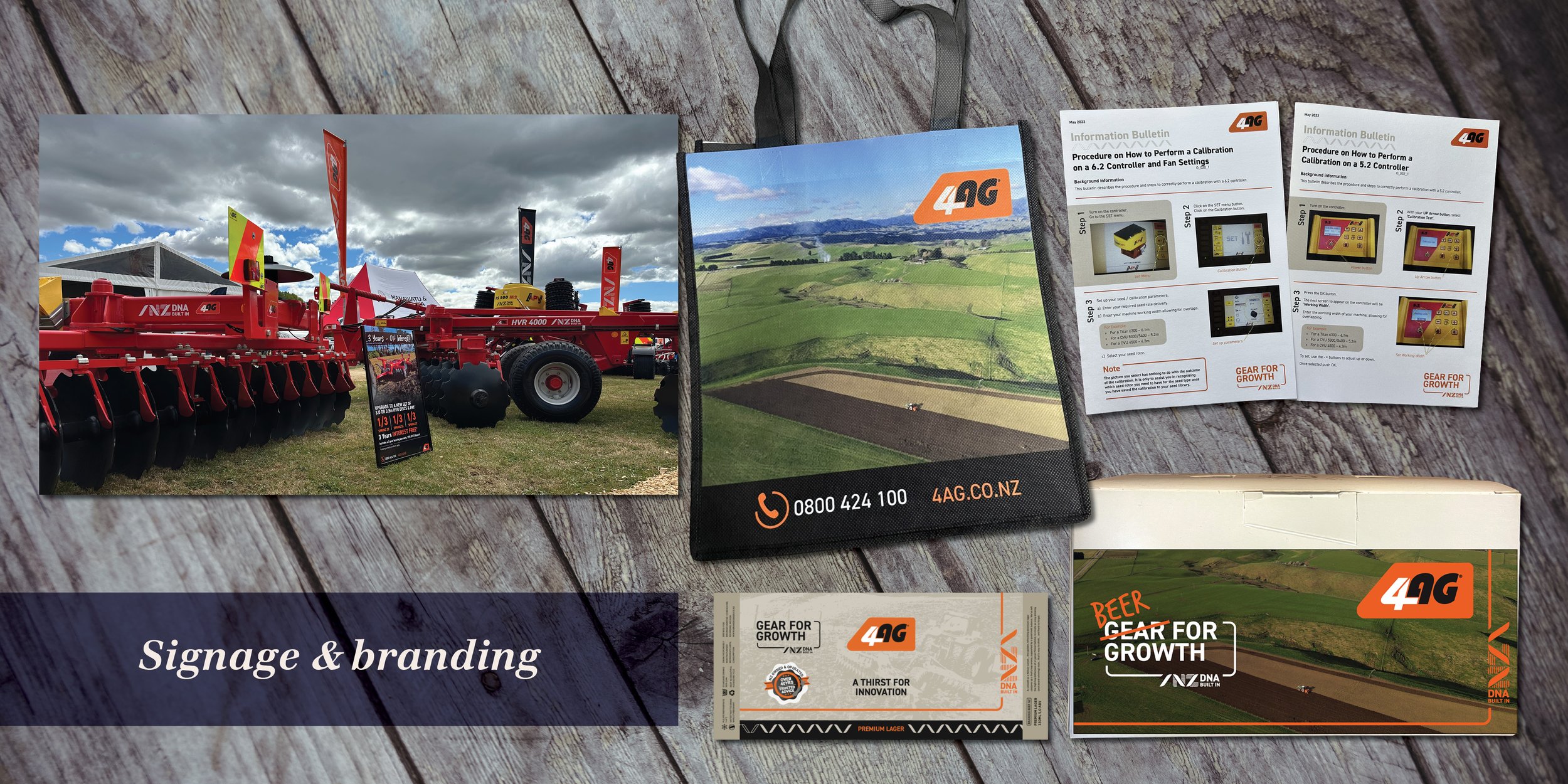 Collection of signage and branding materials for 4AG, including photographs of agricultural machinery, brochures with instructions, and informational packets