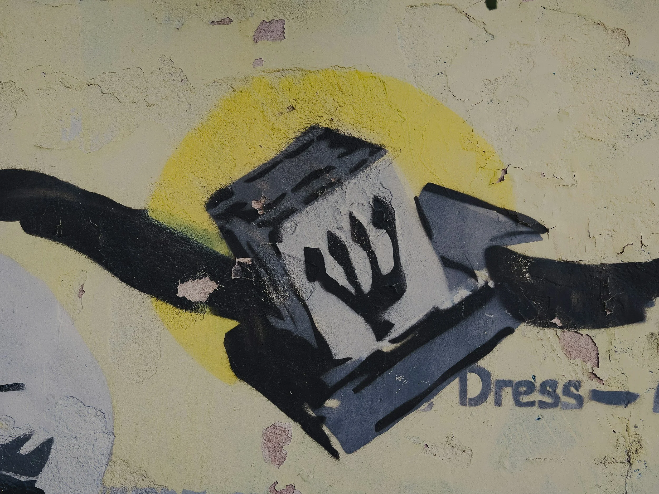 Graffiti of a box with wings painted on a peeling wall, with the partial text 'Dress' visible below.