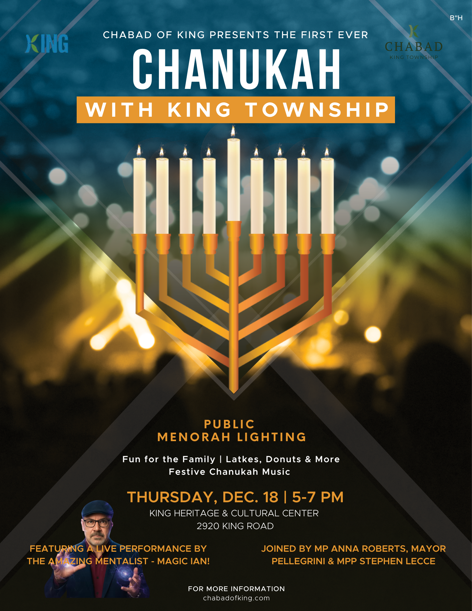 Poster for a public Menorah lighting event for Chanukah, featuring a large menorah with nine lit candles, event details, and images of people involved.