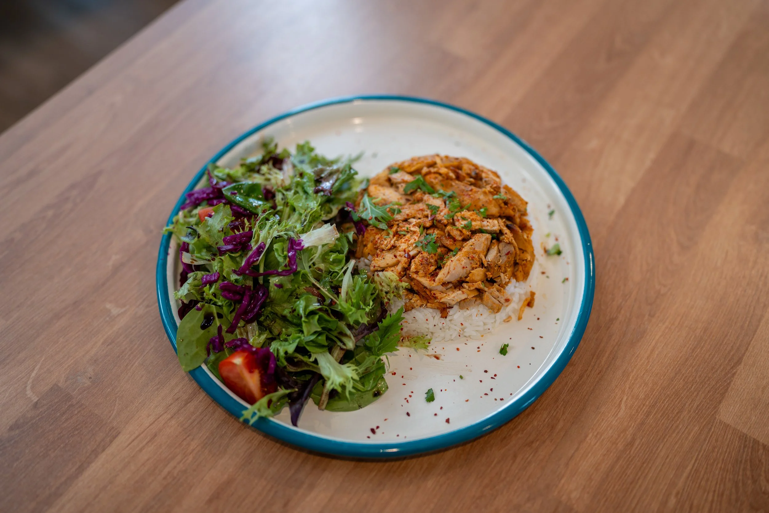 Chicken Shawarma Plate with spiced chicken, mixed greens and cherry tomatoes at Berna's Turkish Restaurant Issaquah