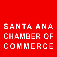 A red square with white text reading Santa Ana Chamber of Commerce