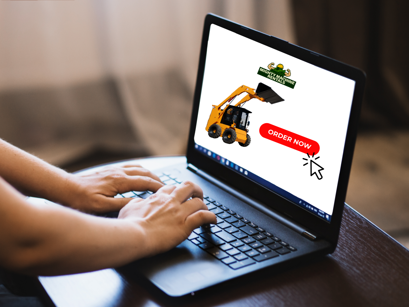 A person is using a laptop with a website open for Mighty Machine Rentals, showing an image of a yellow skid-steer loader and a red 'Order Now' button with a cursor clicking on it. Rental located inSanta Ana, CA.