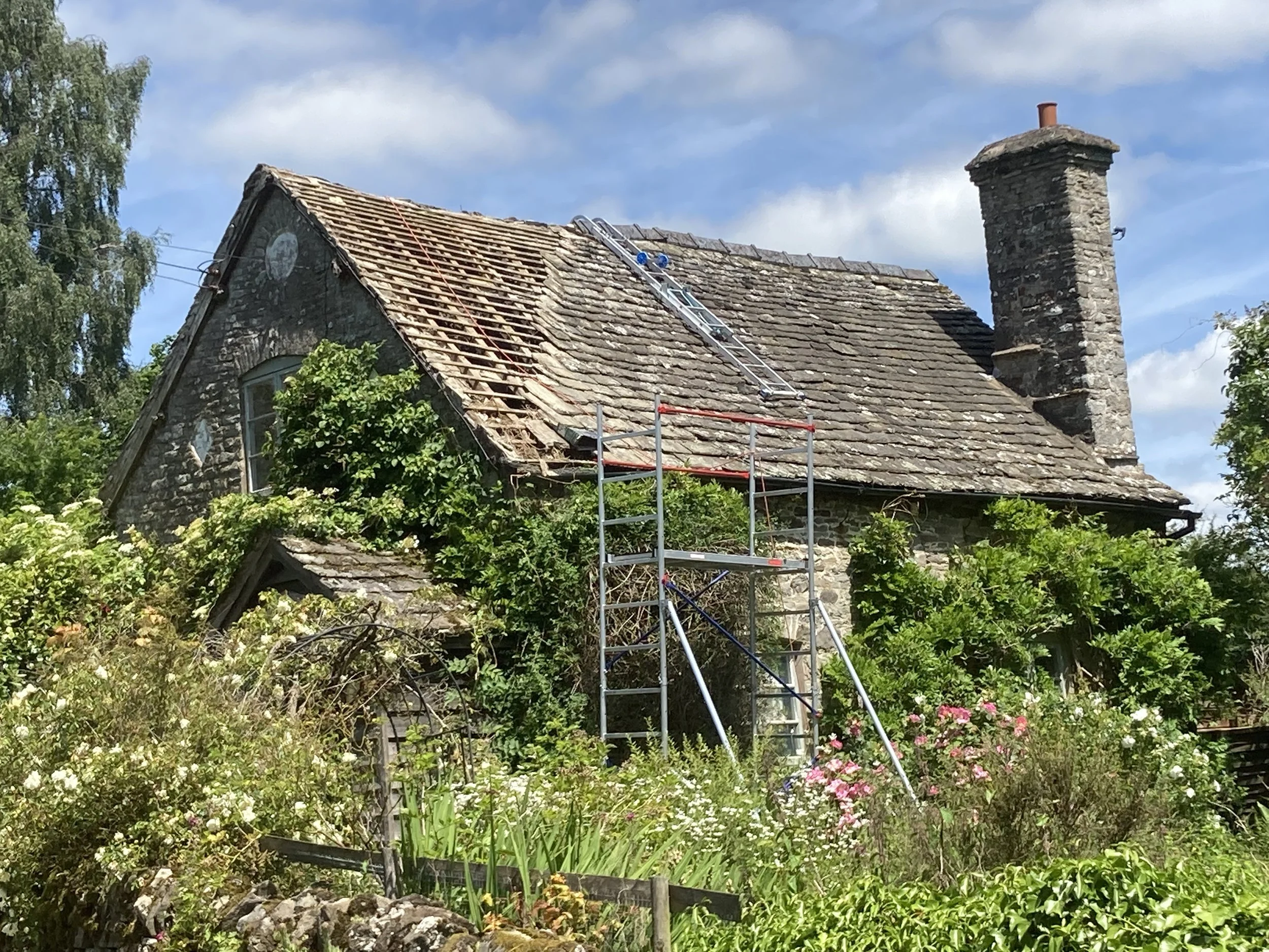 An old stone house with a steep, weathered roof undergoing repair, supported by scaffolding, surrounded by lush green plants and garden flowers, under a partly cloudy blue sky.