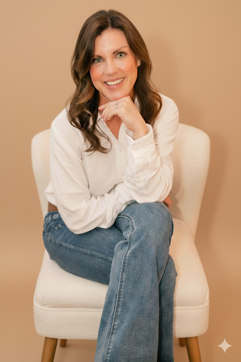 A woman with brown hair, green eyes, and a bright smile sitting on a cream chair against a beige background. She is wearing a white long-sleeve shirt and blue jeans, with her right hand resting on her chin.