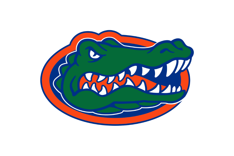 The Florida Gators logo featuring an alligator's head with sharp teeth, primarily green with orange and navy accents, set within an orange oval outline.
