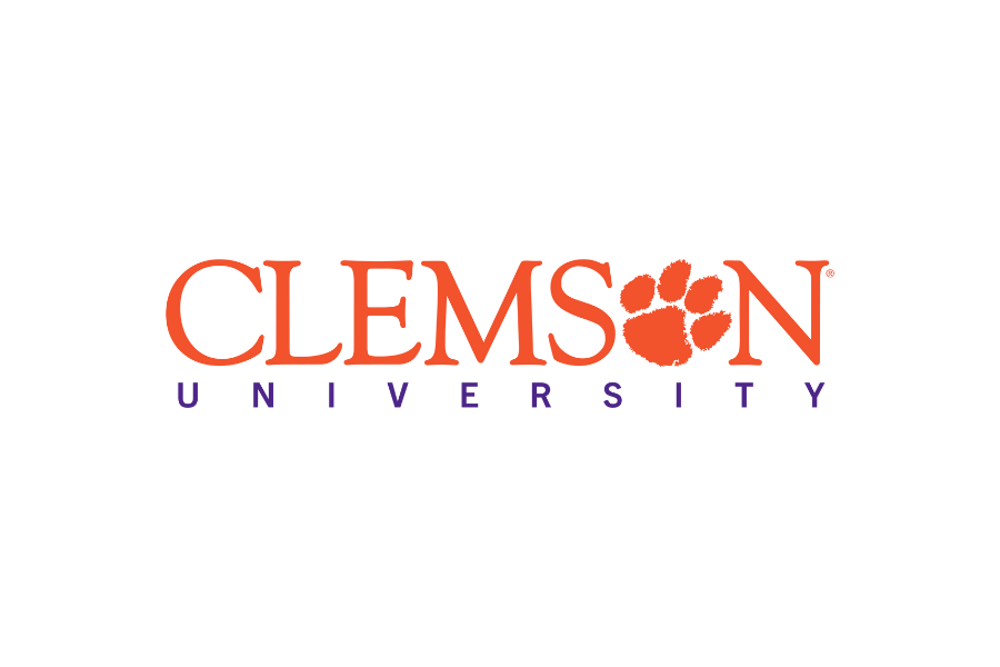 Clemson University logo with orange text and a paw print replacing the 'O' in 'CLEMSON' and purple text spelling 'UNIVERSITY' underneath.