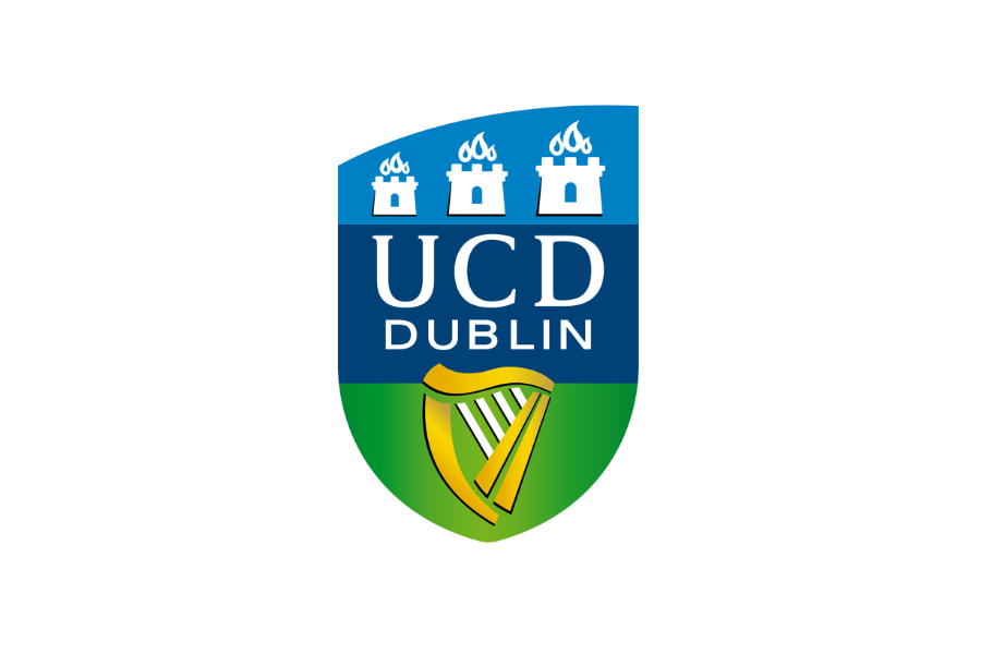 UCD Dublin logo featuring three blue castle towers, the text 'UCD Dublin', and a green shield with a yellow lyre.