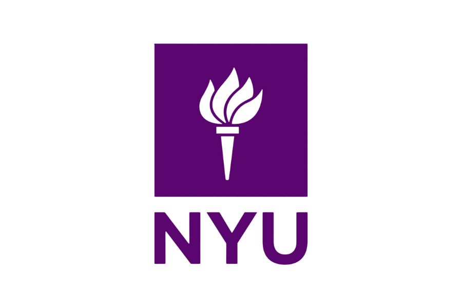 NYU logo featuring a purple square with a black torch above the letters 'NYU'.